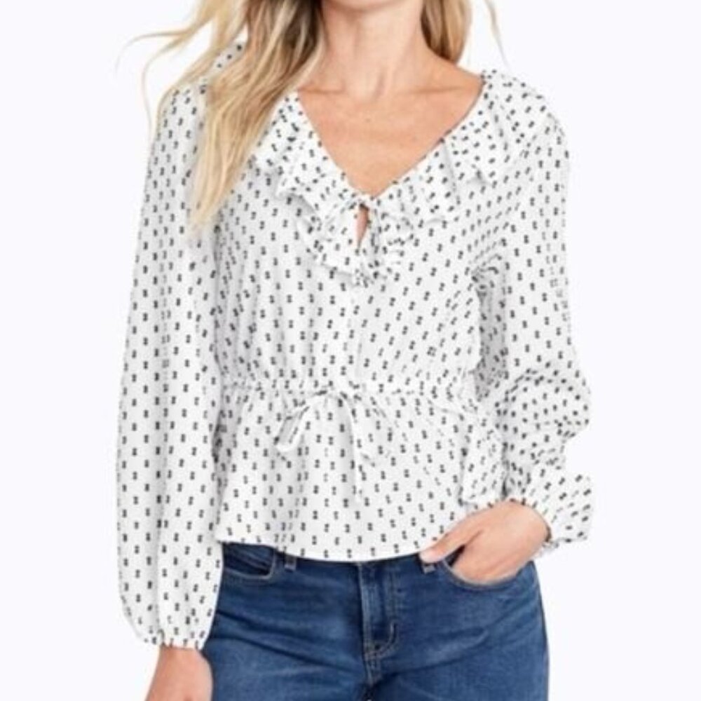 Old Navy Ruffle Blouse Tie Front V-Neck Peasant Top White & Black Size XL NEW